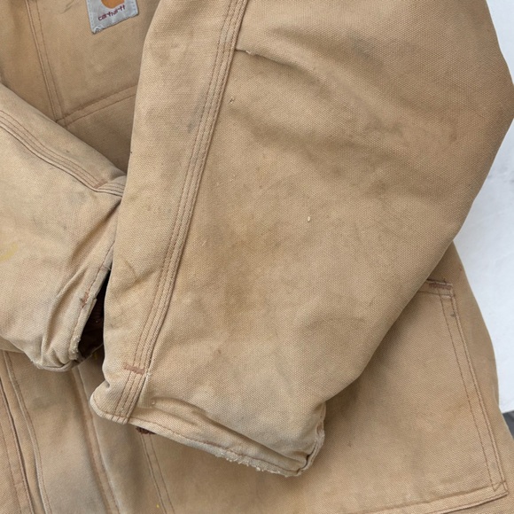 Vintage Carhartt Sz 44 Tan Corduroy Collar Canvas Insulated Work Jacket Workwear - Picture 10 of 15